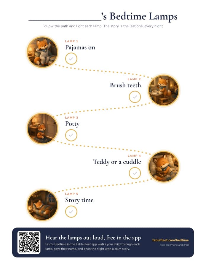 Printable bedtime chart: five lamps along Finn's path, pajamas, brush teeth, potty, teddy or a cuddle, and story time