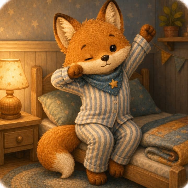 Finn the fox cub in striped pyjamas, getting ready for bed