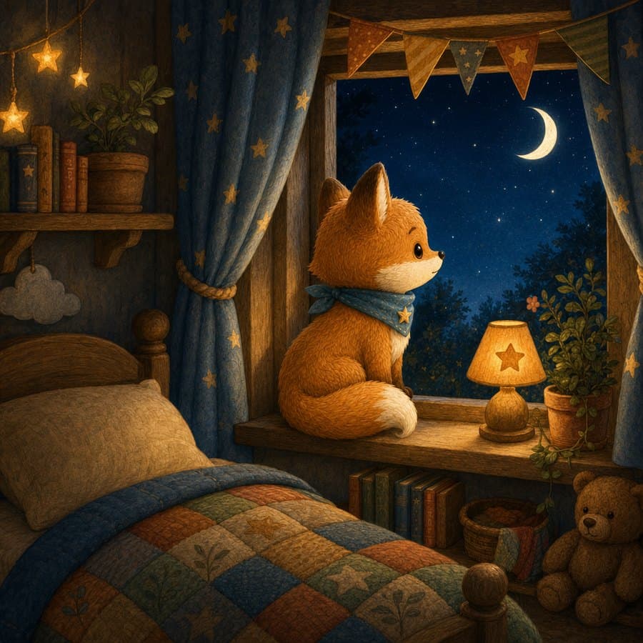 Finn the fox cub on a windowsill at night, keeping watch