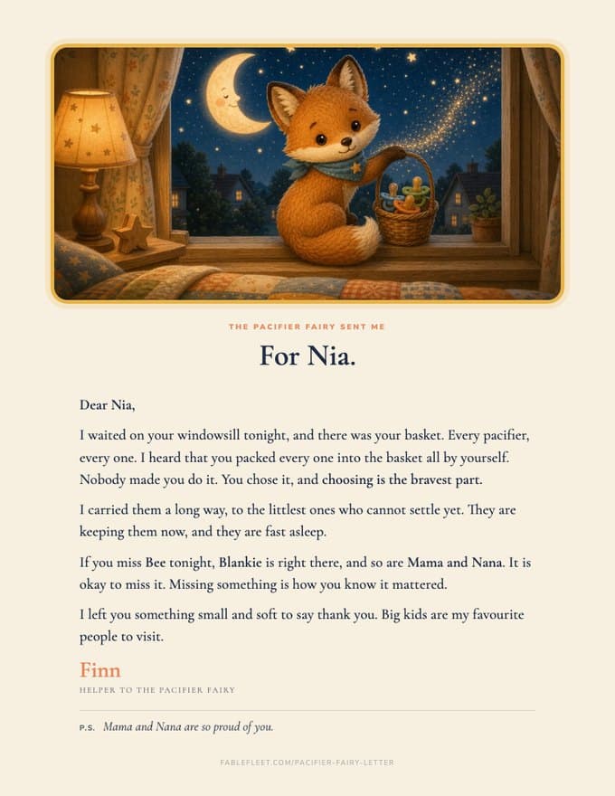 The letter from Finn: a picture of Finn on the windowsill with the basket of pacifiers at the top, the child's name, and a short letter in large type