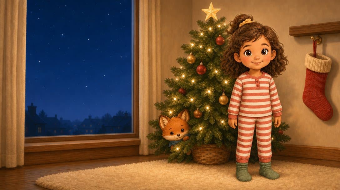 A little girl in striped Christmas pyjamas standing by a lit Christmas tree at night, with a stocking on the wall and Finn the fox beside the tree
