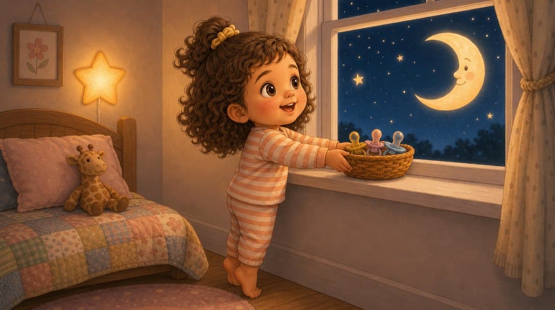 Nia in striped pajamas placing a basket of pacifiers on the windowsill under a crescent moon