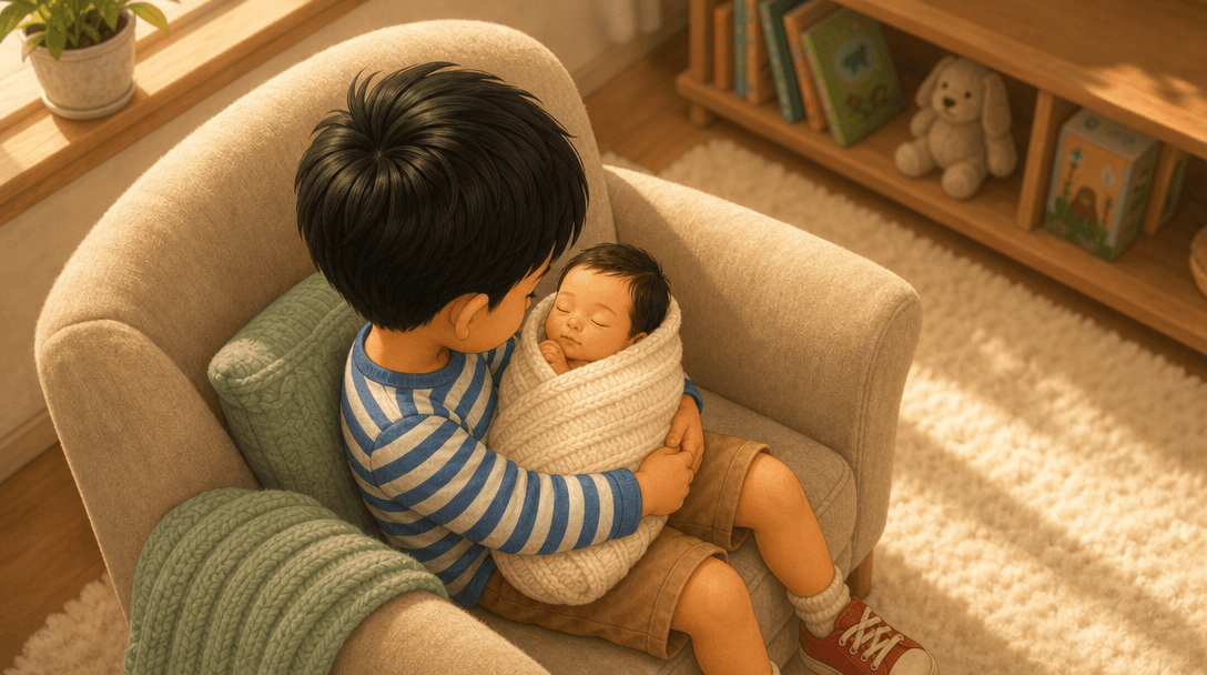 A child deep in a big armchair looking down at the newborn asleep in their careful arms