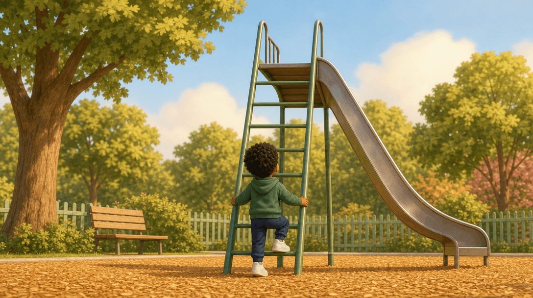 A small child seen from behind at the bottom of a tall slide's ladder, head tipped back, looking all the way up