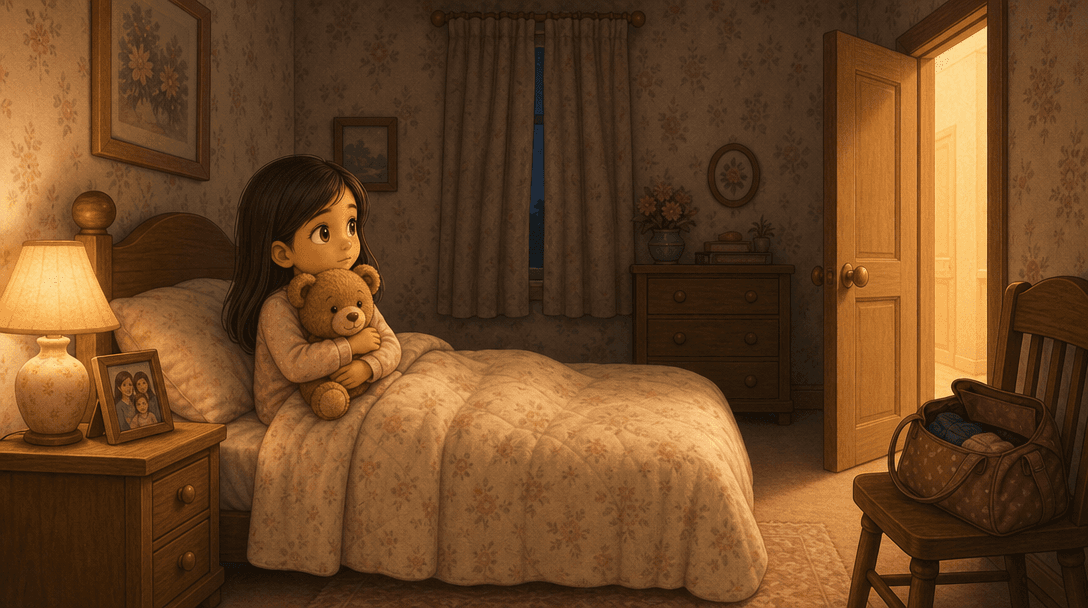 A child sitting up in a lamplit spare bed at night hugging a teddy bear, listening to a house that sounds different