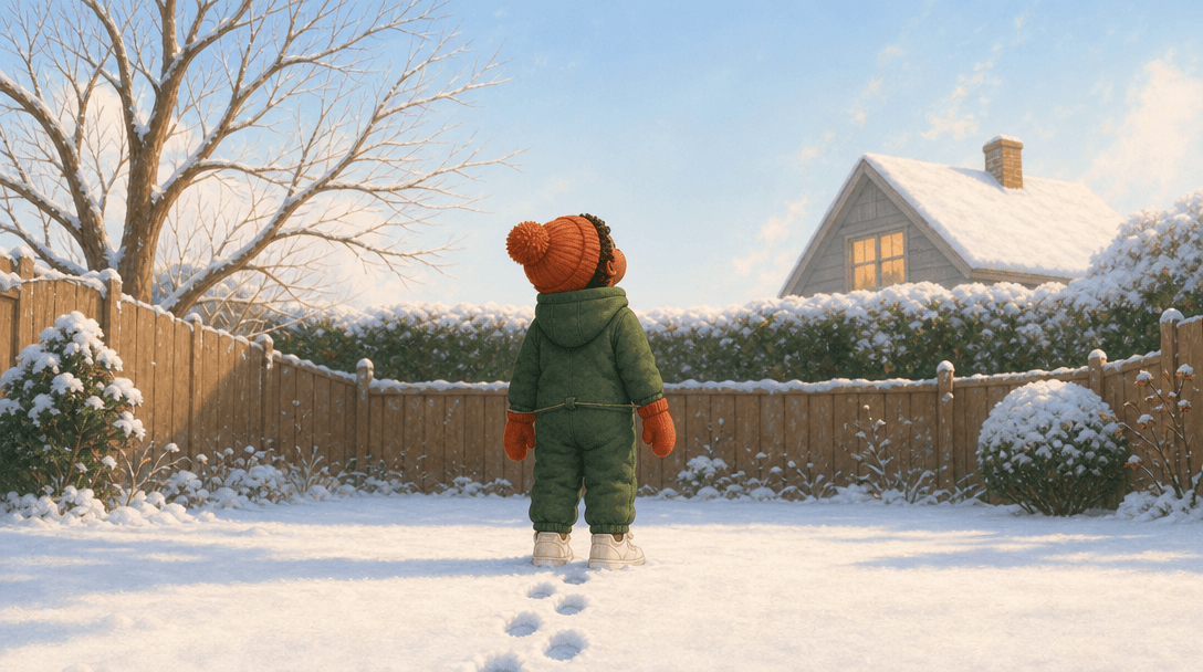 A small child in a snowsuit alone in a white garden, their own footprints behind them