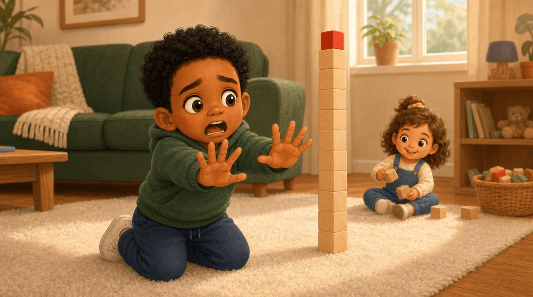 A child kneeling on a rug placing a red block carefully on top of a tall wooden tower
