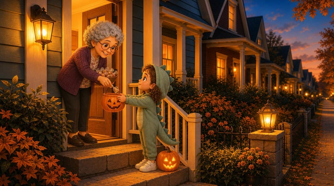 A small child in a green dinosaur costume holds out a pumpkin bucket at a neighbour's door, where a smiling grandmother in round glasses drops in a treat
