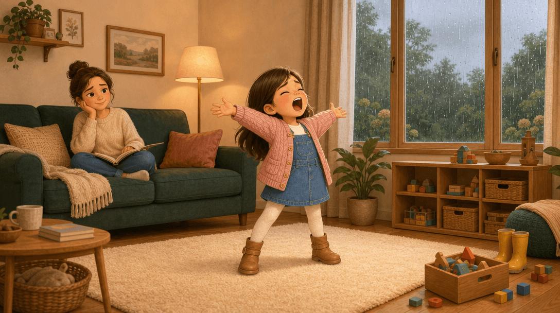 A child in a raincoat and yellow boots roaring up at a rainy sky in a green garden