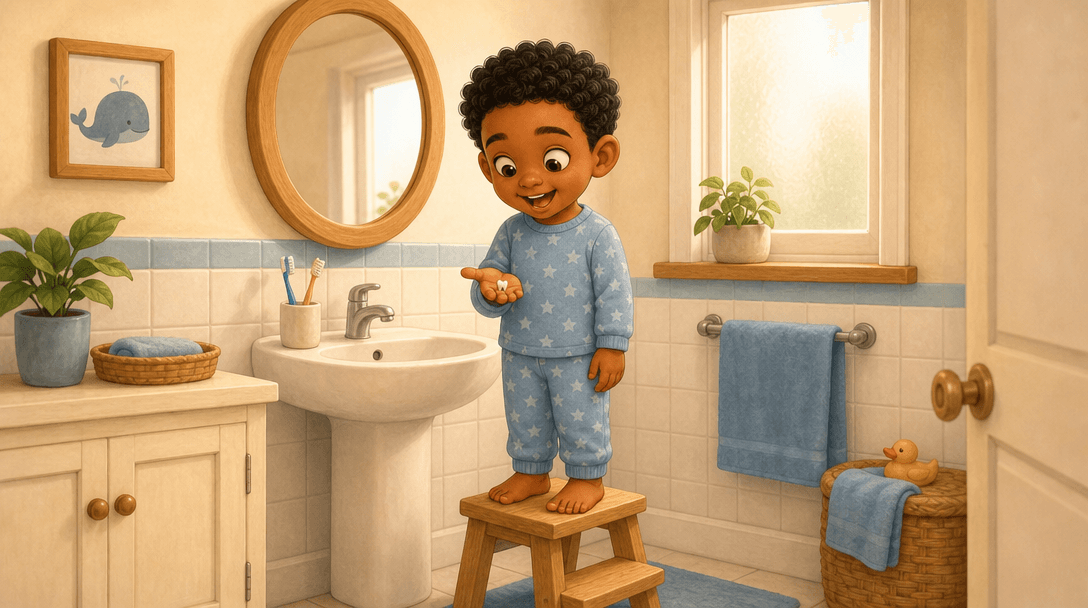 A child on a stool at a sunny bathroom sink looking down at a tiny tooth in their own open palm