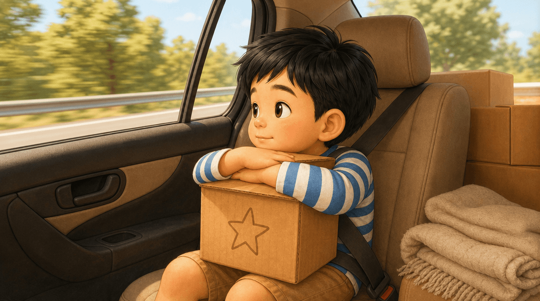 A child in a car seat holding a cardboard box on their lap with both arms, looking out at the road going past