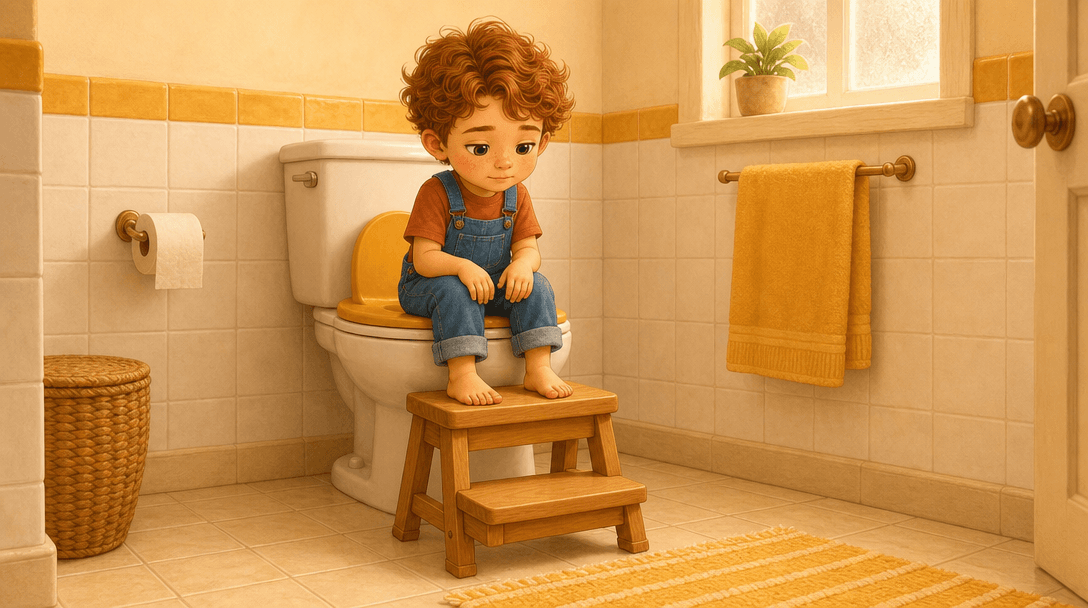 A child sitting on a low toilet seat with both feet planted on a wooden step stool, chin down, listening to something inside