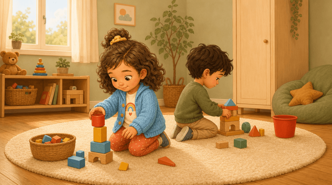 Two small children kneeling on a playroom rug playing separately, backs half turned, each absorbed in their own thing