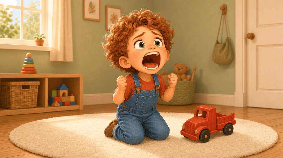 A toddler on a playroom rug, fists up and mouth wide open, a wooden truck on the floor beside them