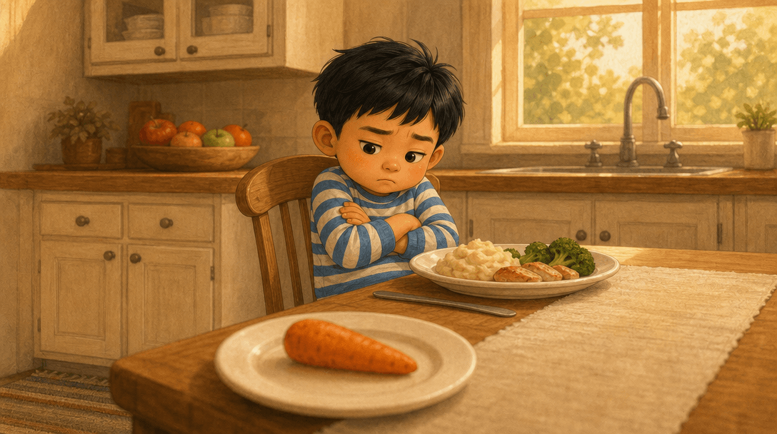A child sitting back from the kitchen table with their arms folded, looking down at one carrot on a small plate in the foreground