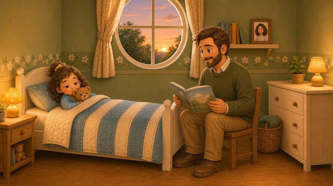 A grown-up reading a bedtime story from a chair beside the bed