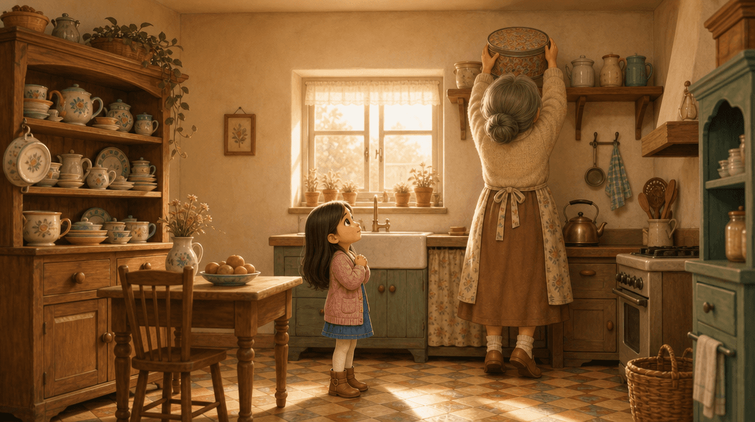 A grandmother reaching a tin down from a high kitchen shelf while a child watches from below with their head tipped back