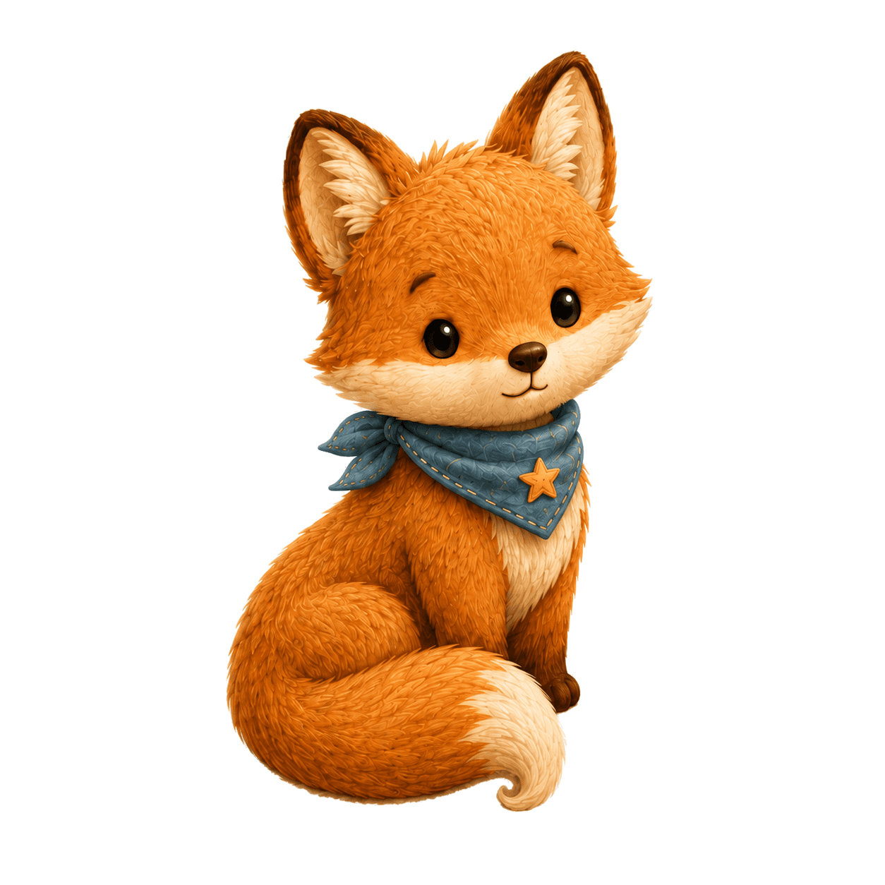 Finn, the FableFleet brand fox: a small rust-orange cub with a denim-blue bandana and a yellow star