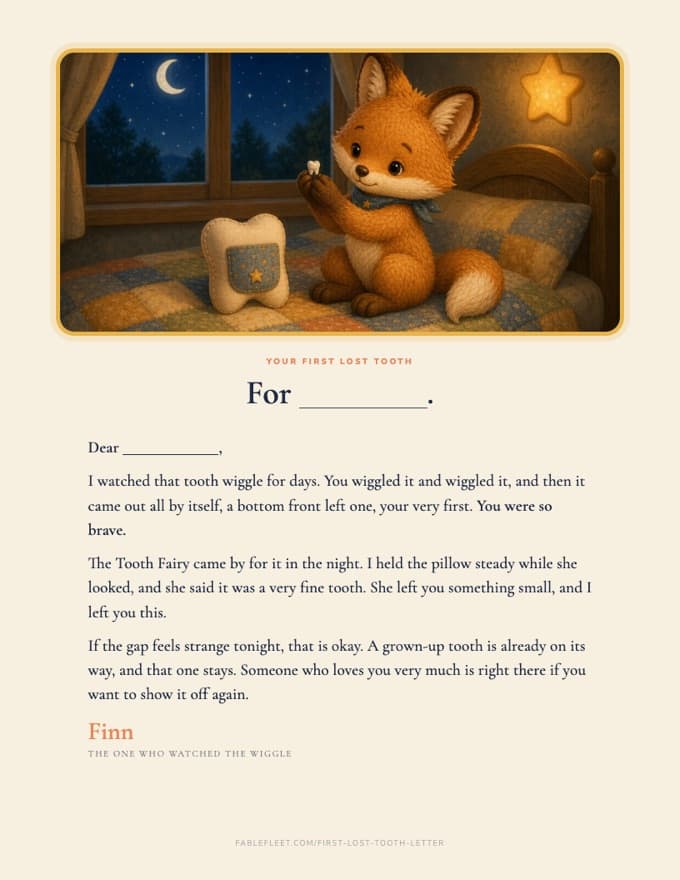 The letter from Finn: a picture of Finn holding up a tiny tooth beside a tooth pillow at the top, the child's name, and a short letter in large type