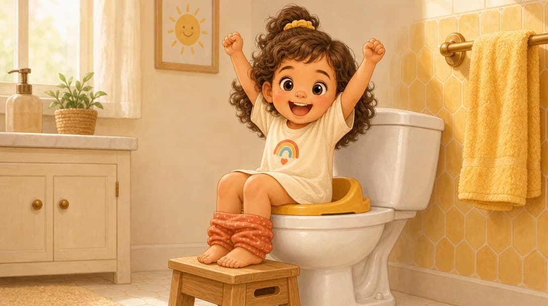 Nia sitting on the potty with her feet on a step stool, both arms up in a cheer, in a sunny yellow bathroom